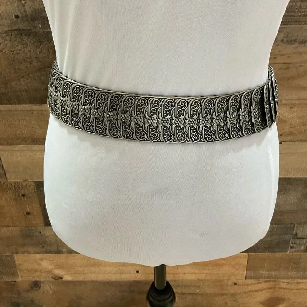 Vintage Belt Rocker Biker Large Ornate Buckle Pewter Toned Floral Turquoise 30”